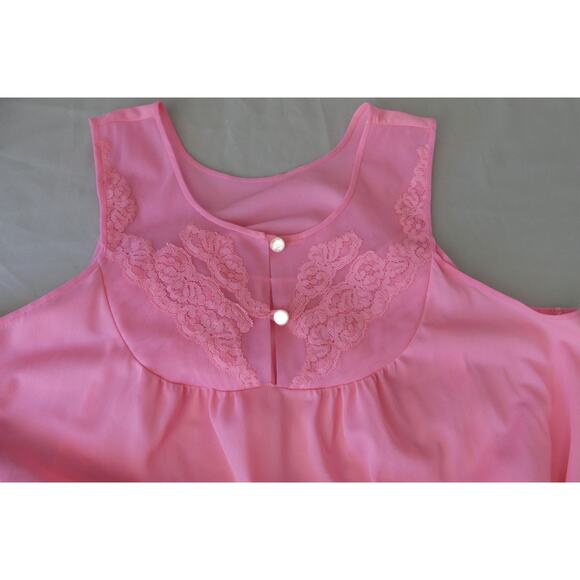 Vintage Pink Nylon Womens MEDIUM Nightgown Long Texsheen Lace Button - Picture 7 of 9